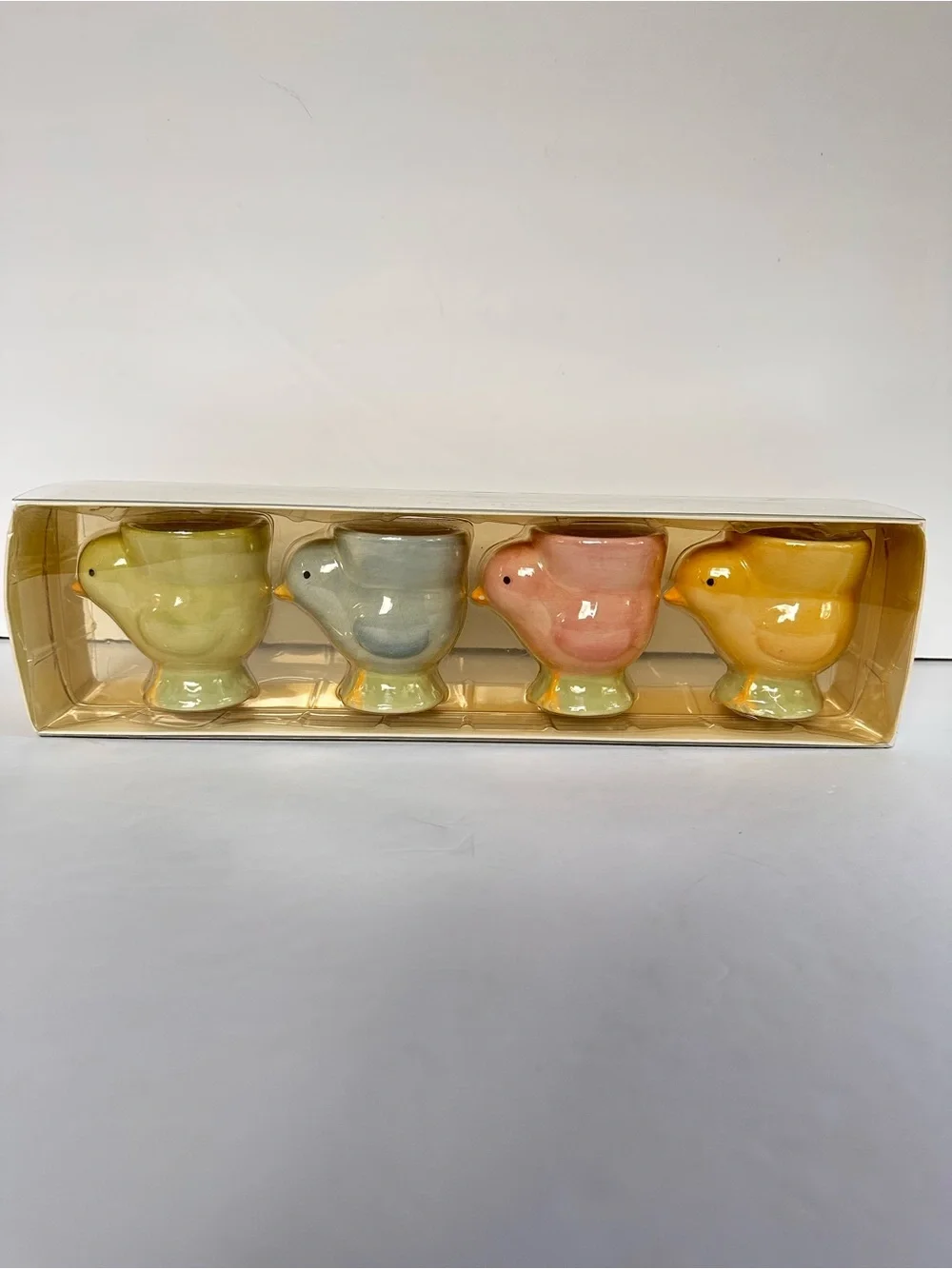 Pottery Barn Set of 4 Easter Chick Egg Cups Iridescent Ceramic Glaze Multicolor